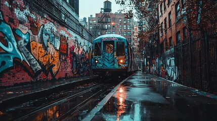 Naklejka na meble Vibrant Graffiti Covered Train Glides Through Rainy Urban Underpass