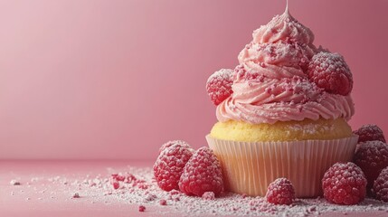 Wall Mural - Delicious raspberry cupcake with pink frosting and fresh berries on pink background