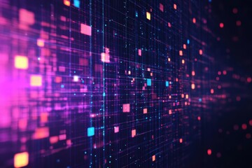 abstract digital data flow with glowing squares and lines.
