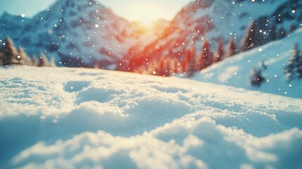 Wall Mural - Snowy landscape under bright sunlight with mountain backdrop and soft snow texture