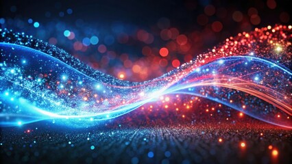 a cosmic wave of shimmering blue and red light dances across a black canvas, illuminating the vastne