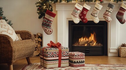 Wall Mural - A cozy holiday scene with a Christmas gift box wrapped in a knitted sweater pattern.