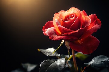 Canvas Print - Single red rose with dark background, illuminated.