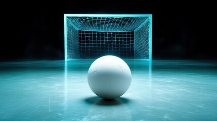 A single soccer ball is captured facing a glowing, neon-lit goal in a dimly lit arena, conveying focus, challenge, and the spirit of the athlete in a futuristic setting.