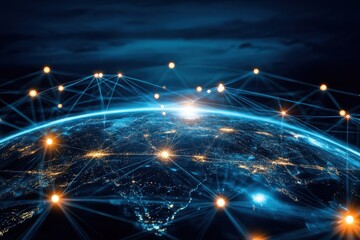 global network connection, illuminated earth at night.