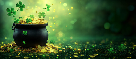 A magical St. Patrick's Day pot cauldron overflowing with shiny gold coins and clovers. Green gradient background, place for text, copy space, horizontal