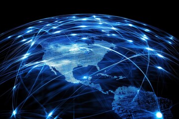 global network connections encompassing north and central america, depicted as a glowing blue digita