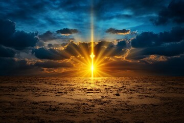 Poster - A divine figure made of pure light standing in the middle of a desert, their glow illuminating the vast, empty sands