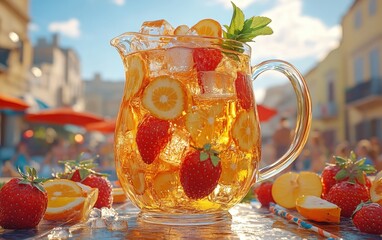 Wall Mural - Refreshing iced tea pitcher with strawberries, oranges, and ice on a sunny patio.