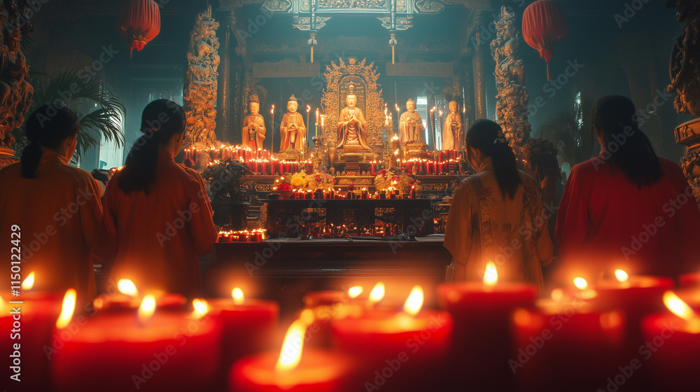 religious ceremony in a temple filled with burning red candles, people ...