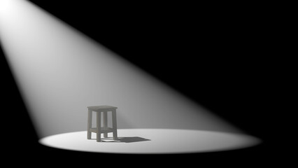 Wall Mural - a white spot light illuminating a wooden stool diagonally on a black background. ideal for compositi