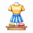 © Watercolor_Kawaii - colorful outfit displayed on mannequin, featuring yellow top and blue skirt, with folded clothes in vibrant colors