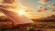 ©  lukaPixMedia - A single solar panel is prominently featured, bathed in the warm glow of a sunset over a grassy field. This image represents renewable energy and environmental sustainability.