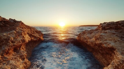 An enchanting view of the ocean as the sun sets between two rocky cliffs, with waves gently crashing onto the shore, creating a serene and breathtaking atmosphere.