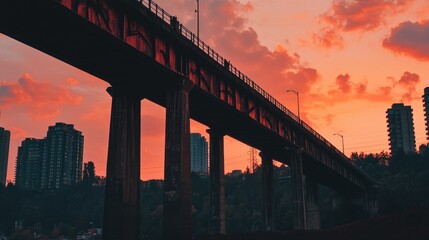 Wall Mural - Sunset Over Bridge with City Skyline Silhouette at Dusk