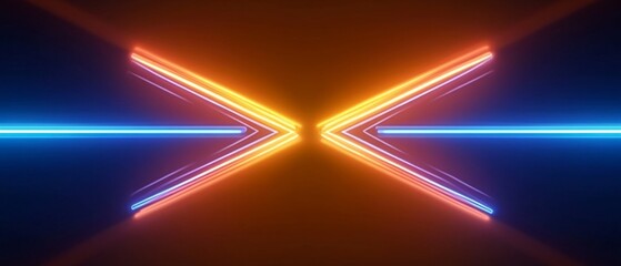 Wall Mural - abstract geometric background illuminated with blue orange neon light. glowing wavy line