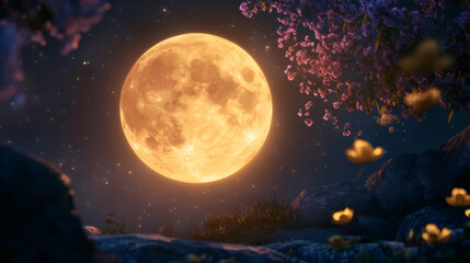 Wall Mural - Magical ramadan night scene with vibrant orange full moon shining on blooming tree branches and rocky terrain