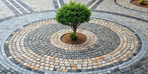Fototapete - Serene garden scene featuring a young tree planted in the center of a meticulously designed circular stone pathway.