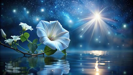 Poster - Serene Night Bloom Moonlit Water Reflections of a Delicate White Flower Under a Starry Sky