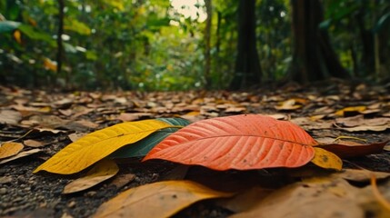 Wall Mural - Colorful leaves on forest ground.