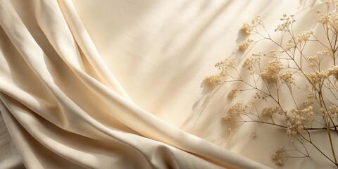 Aufkleber - Cream-colored fabric backdrop with delicate dried flowers and sunlight shadows creating a serene and elegant aesthetic.