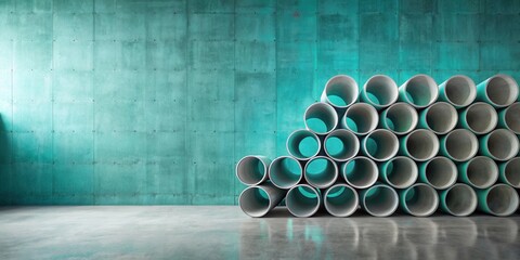 Poster - Abstract industrial interior design with stacked cylindrical forms against a teal wall