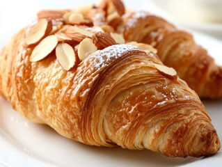 Two almond-topped croissants on a white plate, showcasing flaky pastry and a dusting of sugar.