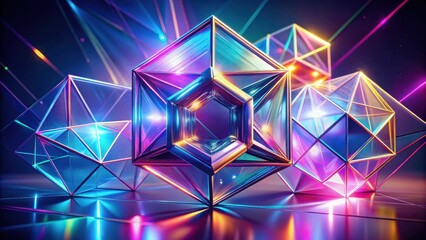 Aufkleber - Abstract iridescent geometric shapes illuminated by vibrant neon lights