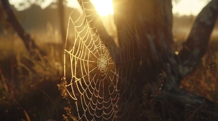 Sunrise illuminates a dew-covered spiderweb in a misty field, showcasing intricate details and natural beauty.
