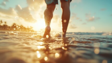 An individual wades through shallow waters of the ocean under a radiant sunset, deeply immersed in nature's beauty with droplets splashing in harmonious motion.