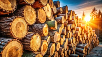 Aufkleber - A Stack of Timber Logs at Sunset, Glowing Warmly in the Golden Hour Light