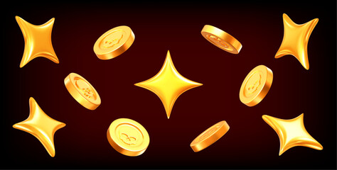 Wall Mural - 3d golden sparkle stars and coins of skull. pirate coins. stock vector illustration on black isolate