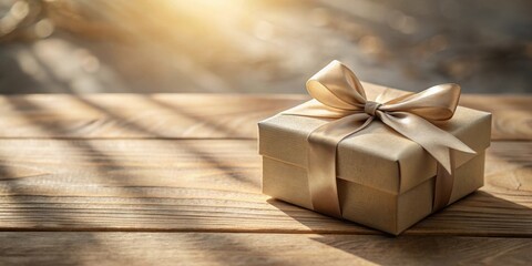 Poster - A delicately wrapped gift box sits on a rustic wooden surface bathed in warm sunlight.
