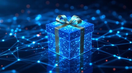 Wall Mural - glowing blue gift box with a golden ribbon, set against a background of interconnected blue lights a