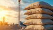© MAVIS - Stacked Sandbags at Construction Site with Sunset Background
