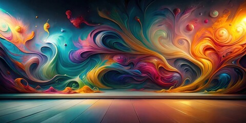 Fototapete - Abstract Swirling Colorscape Vibrant Hues and Fluid Forms on a Wooden Floor