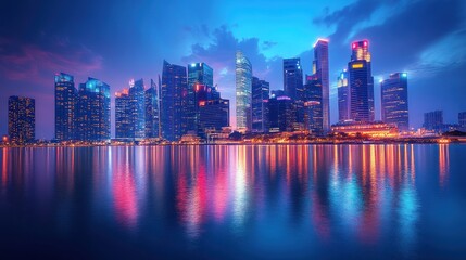 Wall Mural - Night cityscape, illuminated skyscrapers reflected in water.