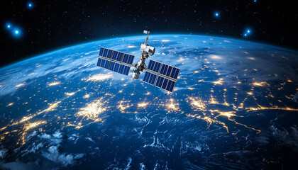 communication network satellite in orbit over lights on earth