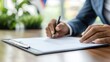 © ZIHAO - Close-up of politician signing important document on wooden desk, symbolizing political career and decision-making process with flag and cityscape elements.
