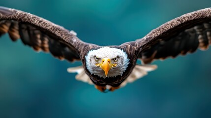 A highly detailed image of a majestic eagle soaring with its broad wings fully spread against a blurred blue sky, capturing the essence of freedom and strength.