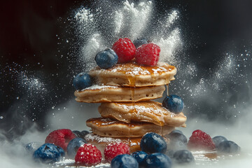 Wall Mural - Delicious pancakes topped with berries and powdered sugar Generative Ai