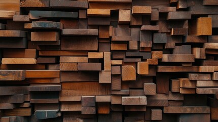 Wall Mural - wall covered in a mosaic of various wooden blocks of different shapes and sizes, creating a textured