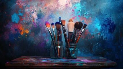 Aufkleber - Vibrant art brushes collection creative studio photography colorful background close-up artistic tools display