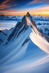 Wall Mural - Snowcovered mountain range bathed in golden sunrise light. Sharp peaks and expansive snowy slopes dominate the scene, offering a stunning winter landscape