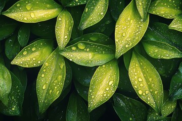 Wall Mural - Fresh green leaves glistening with dew in a serene natural setting