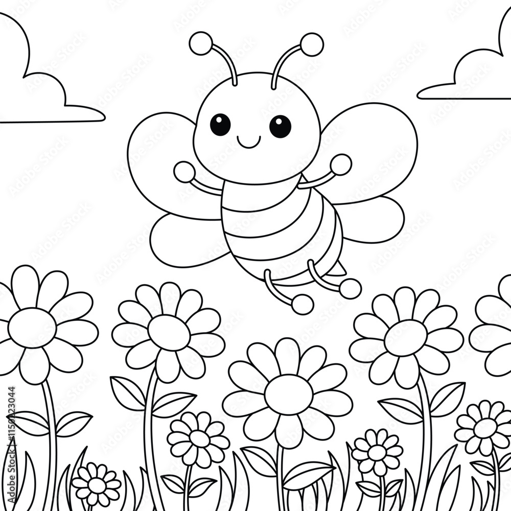 Cute kawaii cartoon character bee in the flower garden coloring page ...