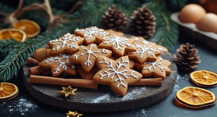 Canvas Print - Holiday baking display with gingerbread cookies and festive decorations on wooden board