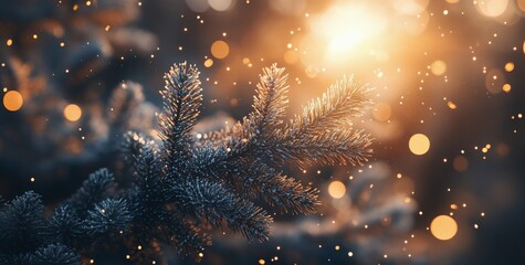 Poster - Sparkling holiday lights on a pine tree in the dim evening glow of winter festivities