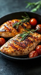 Sticker - Grilled chicken breasts garnished with fresh herbs and roasted cherry tomatoes in a dark skillet