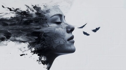 Poster - Emotional release through art abstract representation digital creation surreal environment side view internal struggle